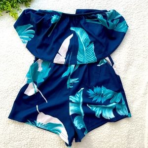 Tropical print strapless romper